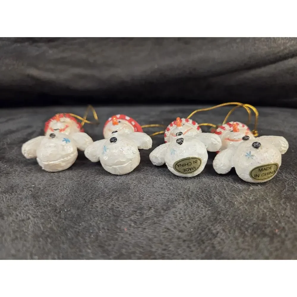 4 Vintage Miniature Glitter Snowman Ornaments Red Green Striped Hats Christmas